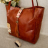 Valódi bőr nagy shopper táska, Francia stílusú női táska, Kézműves bőr női táska hozzátartozó ajándék karkötővel