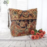 Perzsa mintás női kézműves vállon átvethető táska, Selyem szövésű szőnyeg keresztpántos táska bivalybőr hordozó pánttal